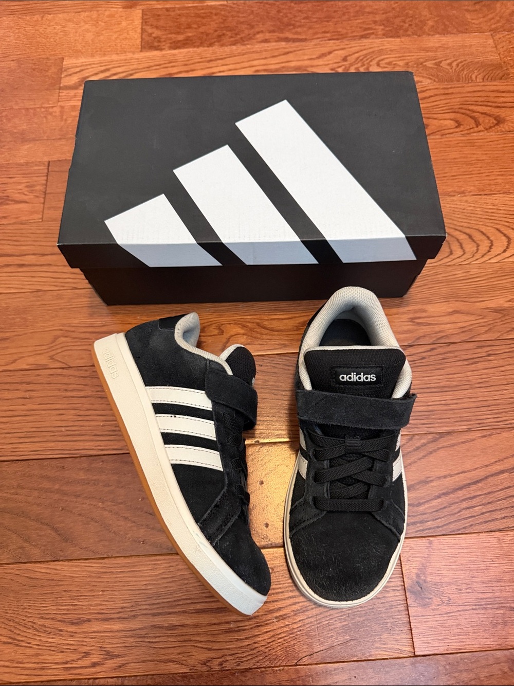 adidas Kids Black and White Velcro Strap Suede Sneakers